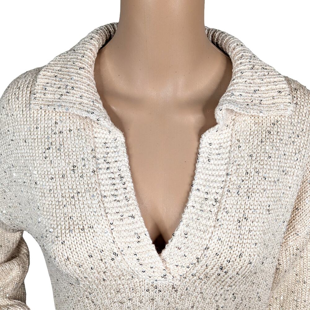 J Crew Sequin Polo Sweater XS Ivory Silver Stardust Chunky Knit Holiday Ribbed - Picture 6 of 13